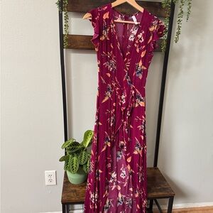 Xhilaration Pink and Red Wrap Tie Front Maxi Dress